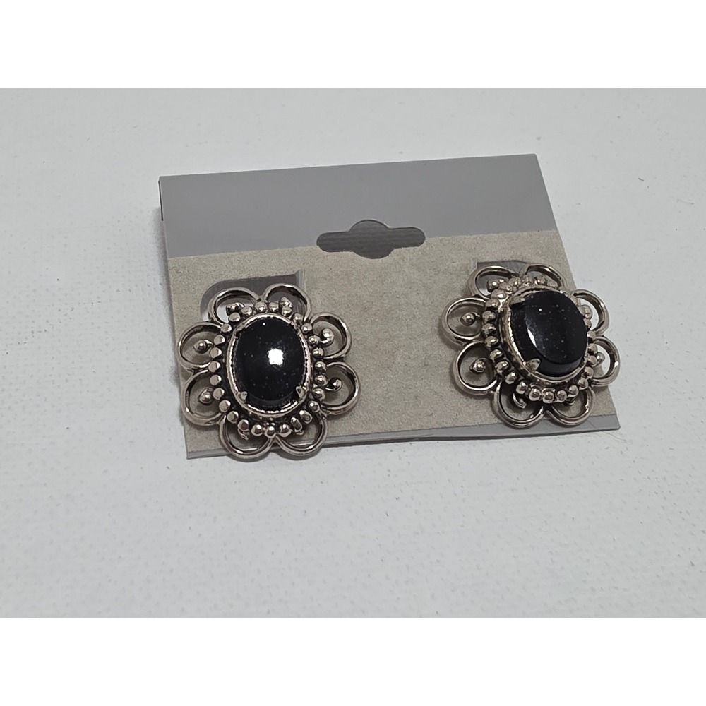 Vintage Blue Sandstone Filigree Floral Clip On Earrings Silver Tone Starry Stone